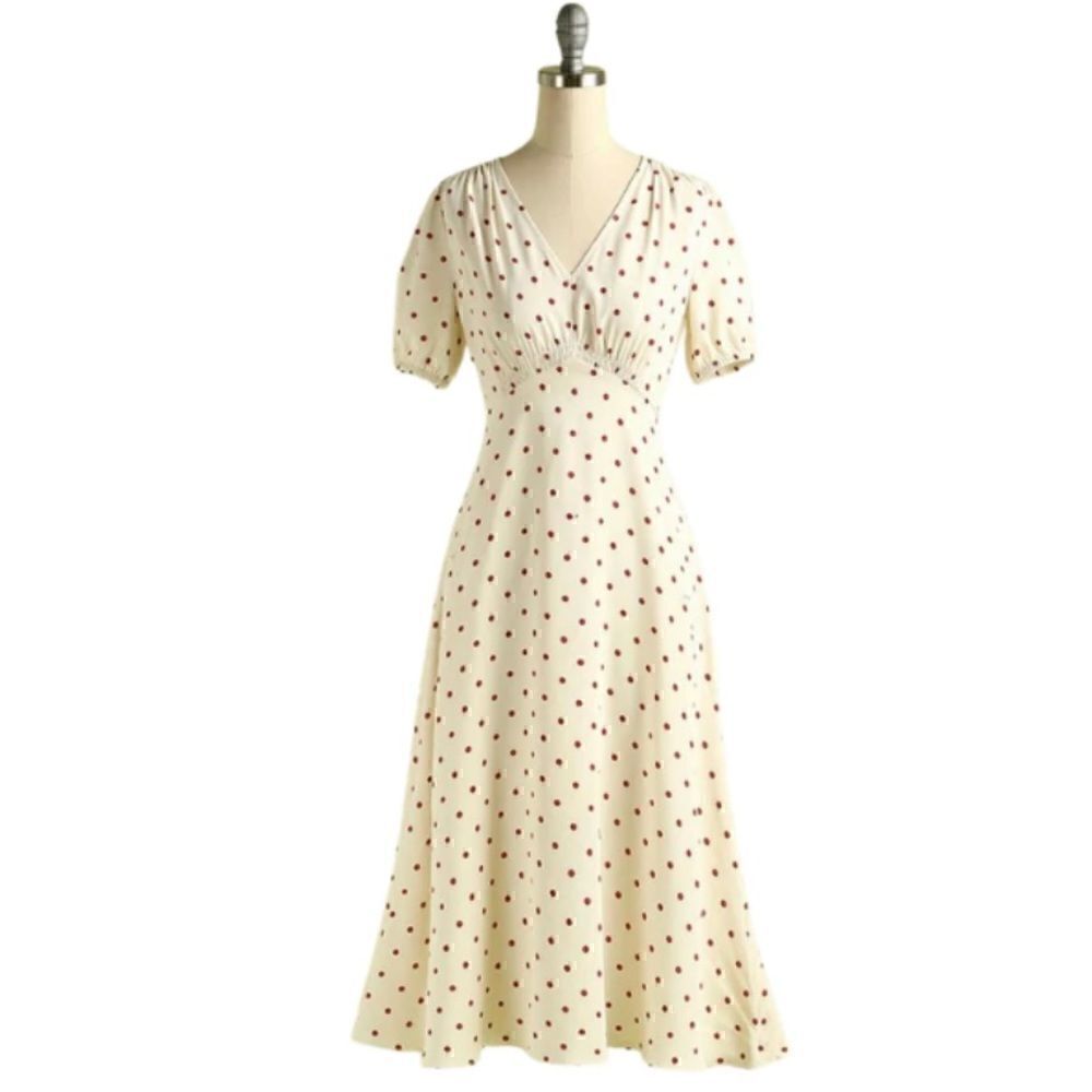 129. CREAM PUFF 50'S FLAIR polkadot A Line Dress - Picture 3 of 8